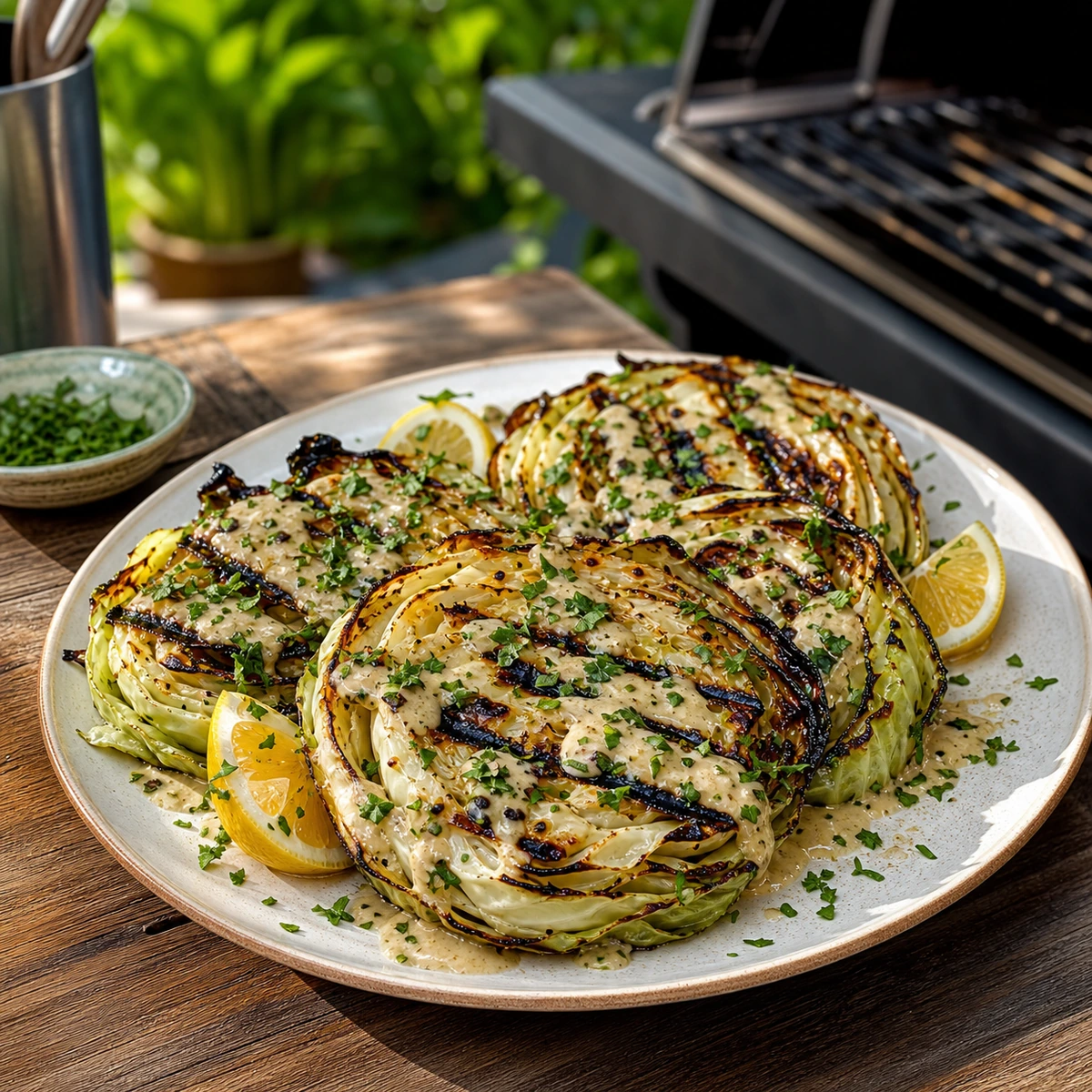 Finished grilled cabbage steaks with lemon herbs and creamy drizzle on a plate