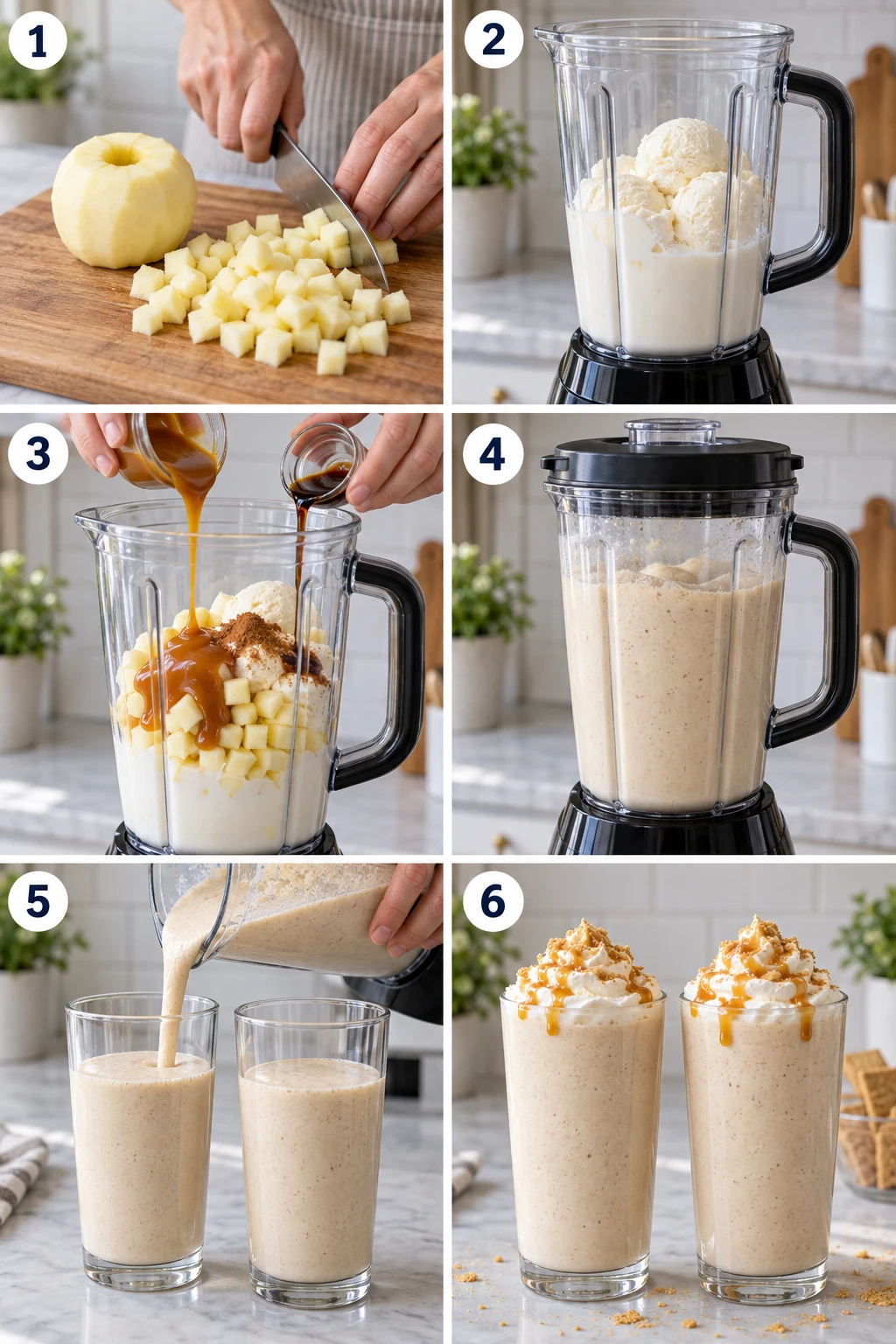 Six illustrated preparation stages for Caramel Apple Pie Milkshake