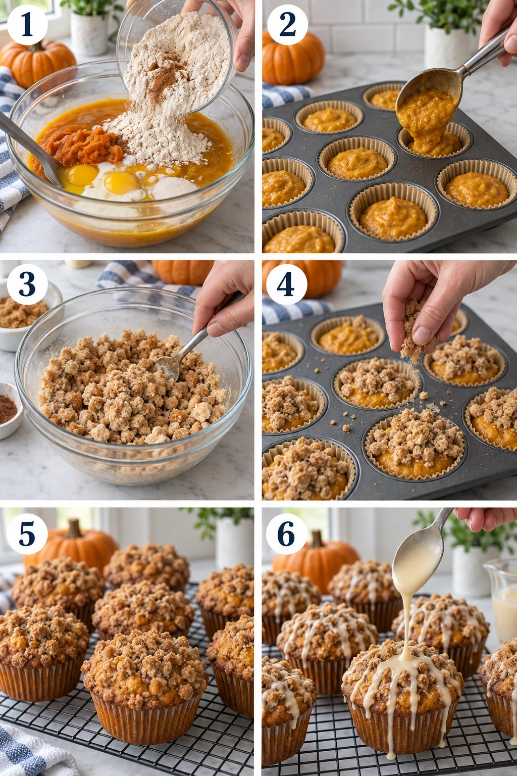 Six illustrated preparation stages for Pumpkin Crumb Cake Muffins with Maple Icing