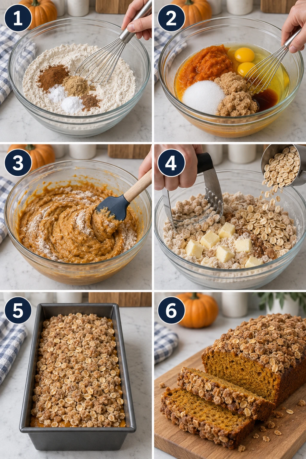 Six illustrated preparation stages for Pumpkin Streusel Bread with Oat Topping
