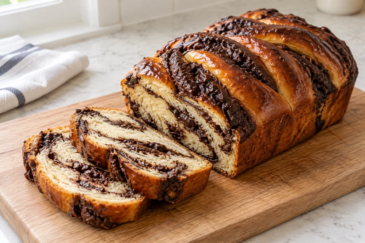 A sliced golden chocolate babka loaf with dark chocolate ribbons through the pale bread.