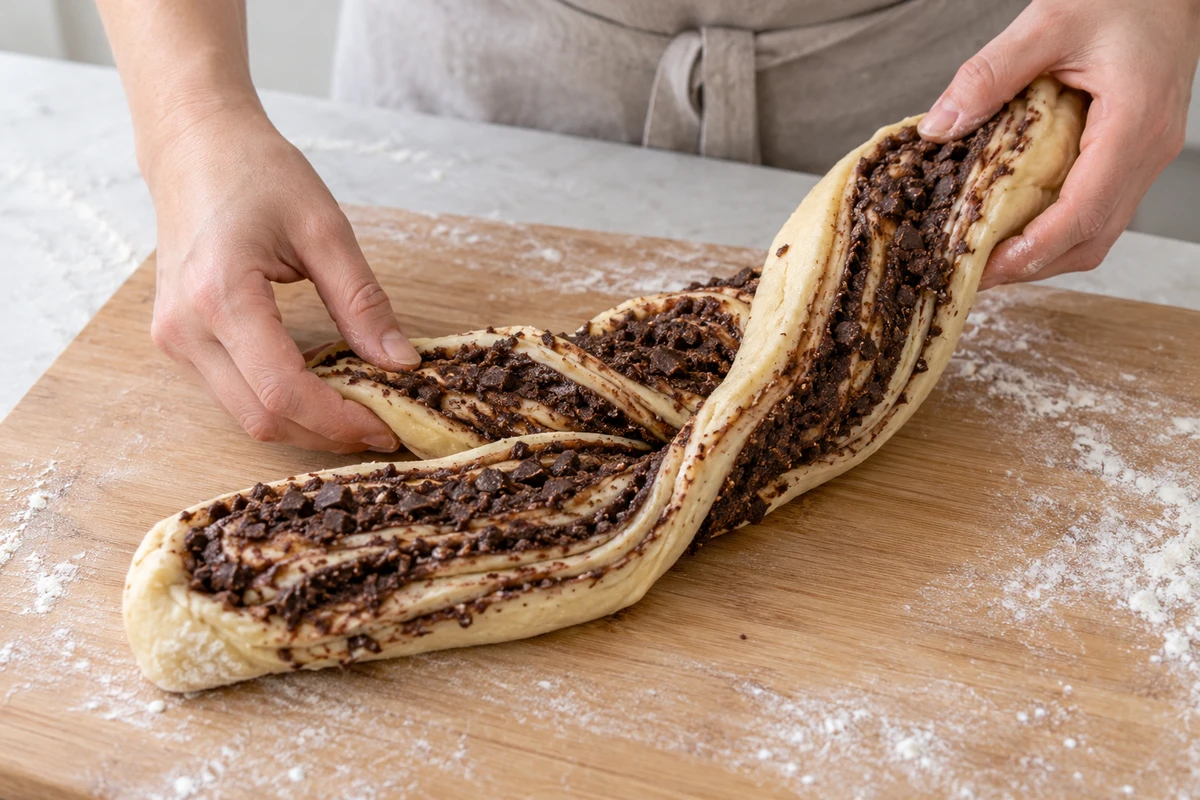 Hands twisting a lengthwise-split chocolate babka dough log with the exposed chocolate layers facing up.