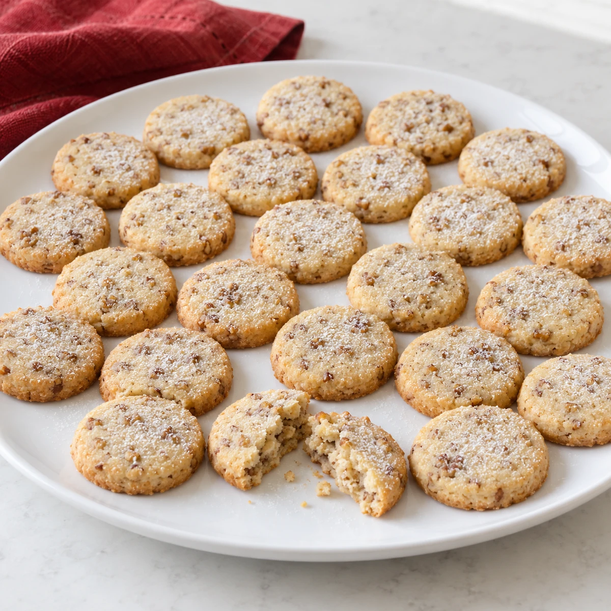 Round slice-and-bake walnut cookies dusted with powdered sugar, with a broken cookie showing nuts throughout the crumb
